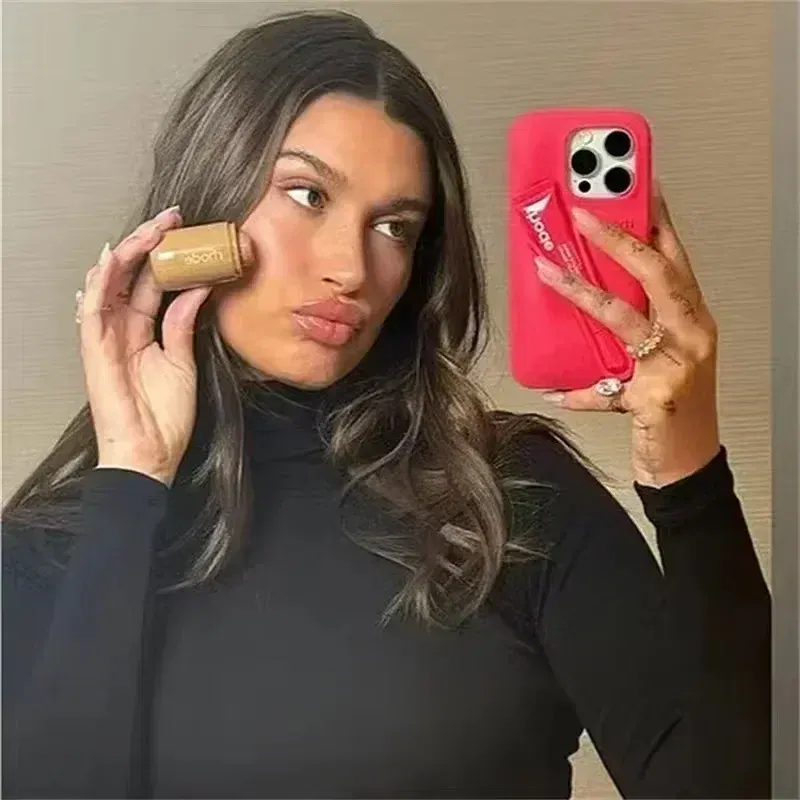 Color: Blue, Material: Microfiber - Lipstick Soft Silicone DIY Rhode Phone Case for IPhone 16 Pro Max 16Pro 16Plus Portable Lip Gloss Holder Ins Hot Cover