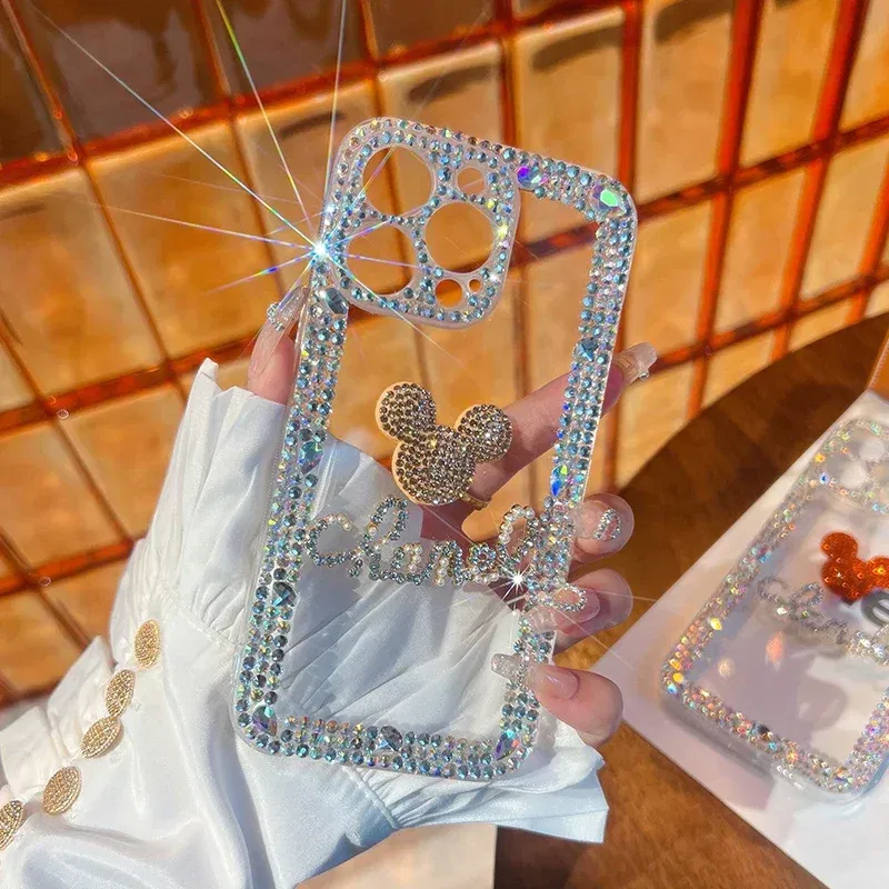 Color: Beige, Material: Silicon - Bling Glitter 3D cute cartoon Diamond soft silicon phone case For iphone 15 14 13 12 11 Pro Max 7 8 Plus X XS XR MAX Clear Cover