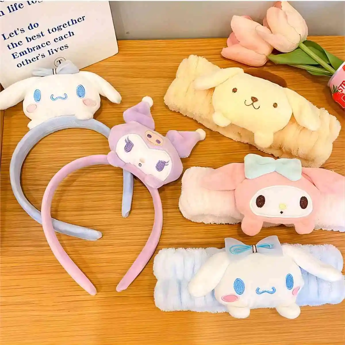 Color: CRIMSON - Sanrio Soft Plush Makeup Hairband Cute kuromi Cinnamoroll Melody Design Wash Face Makeup Non Slip Elastic Hair Accessories
