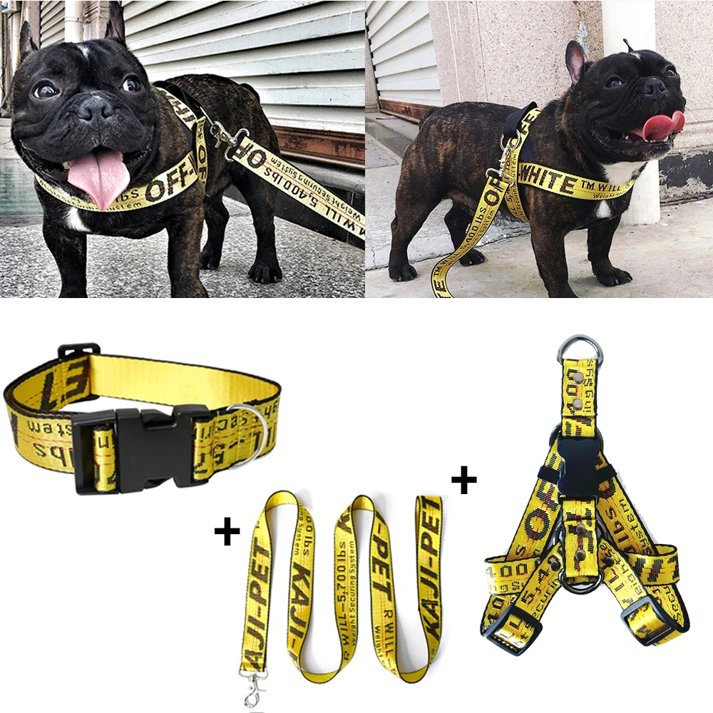 Color: Yellow, Size: L - Fashion Dog Collar Leash Set Gold Chain Nylon Pets Dog Collar Leash Long Rope Lettered Collar Perro Collar For Pitbull Puppy Dog