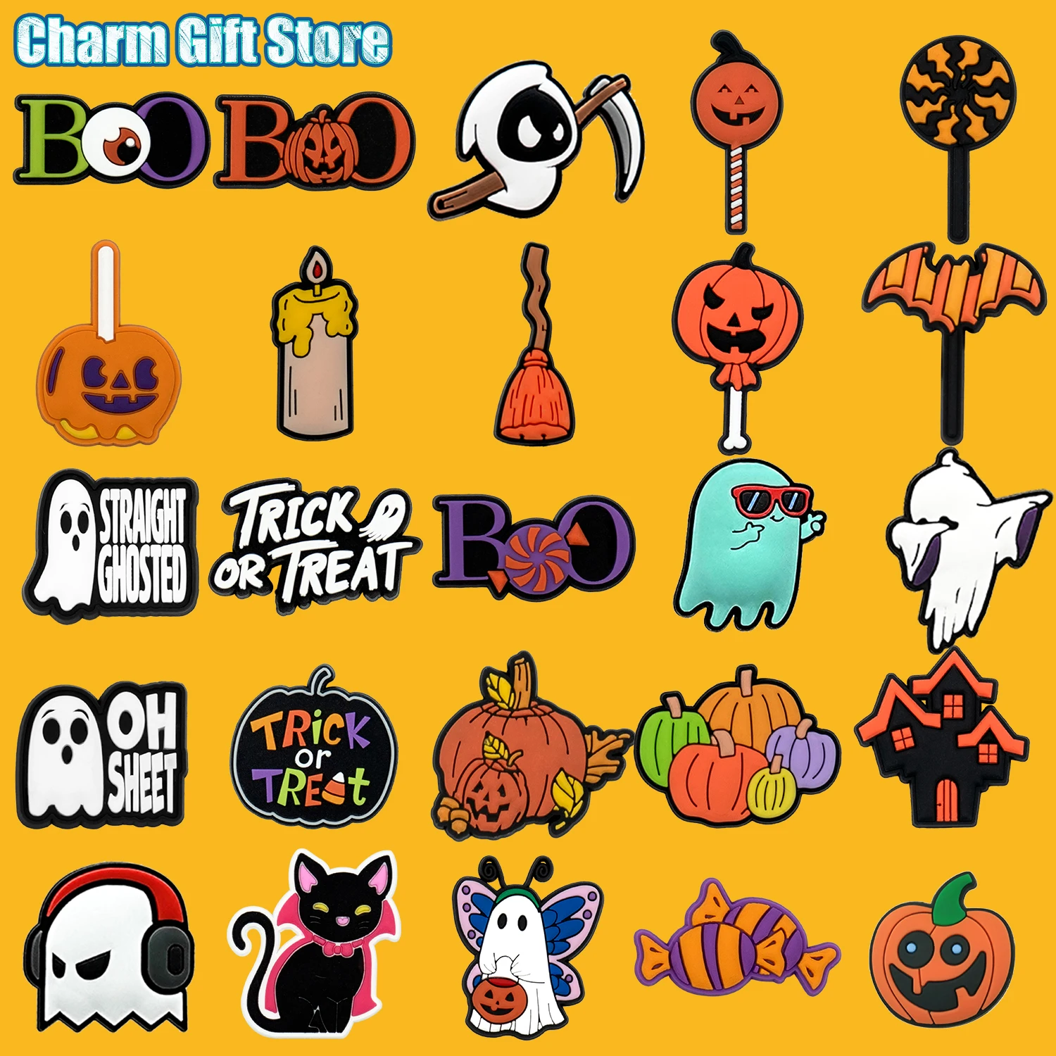 Color: transparent - Halloween Shoe Charms Funny Ghosts Pumpkin Clog Charms Sweets Candles Broom Shoe Clips Decorations Chips Cats Bats Clips Jeans