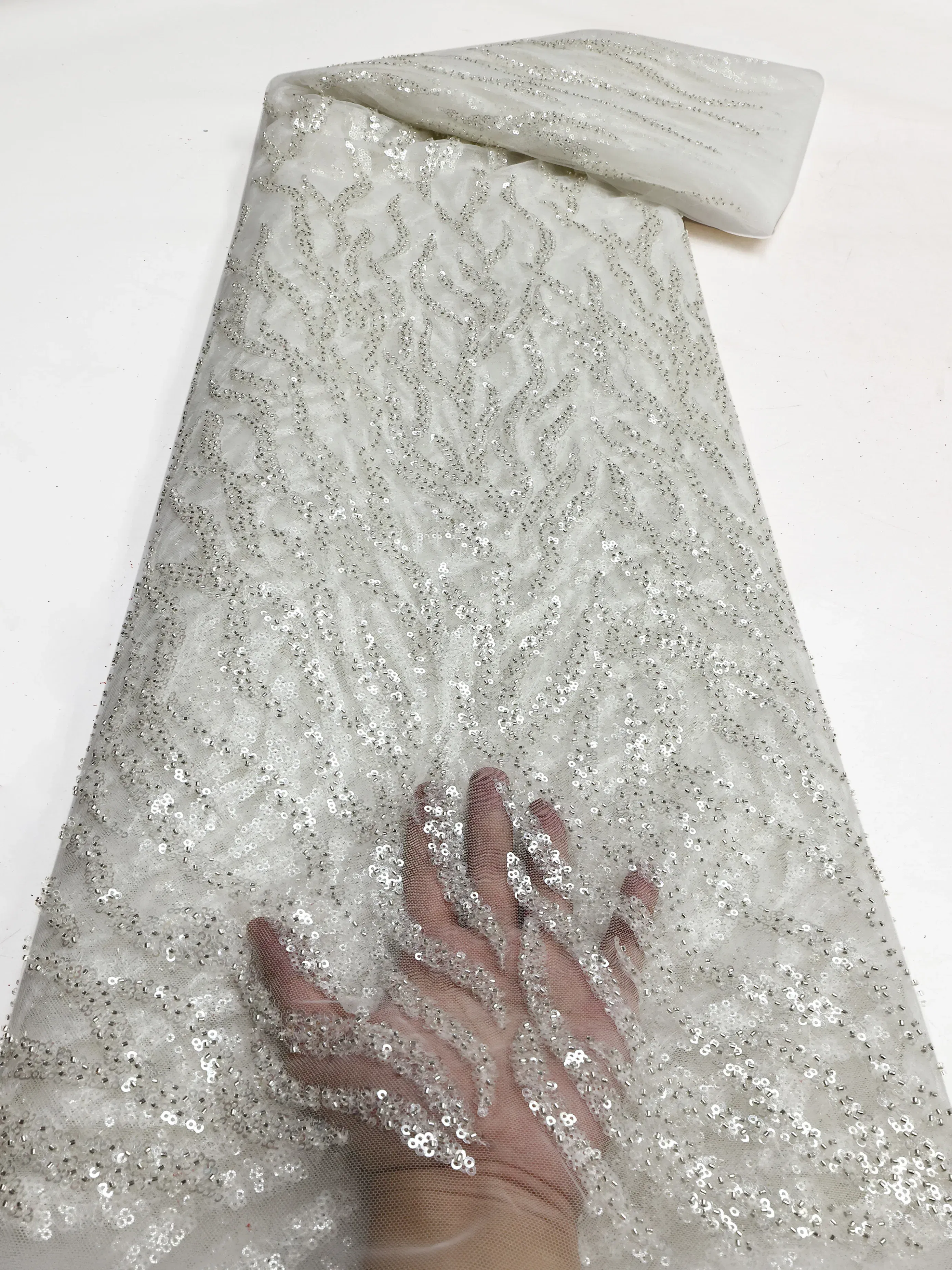 Color: PURPLE, length: 5 yards, Width: 120cm - PGC White Beaded Tulle African Lace Fabric Sewing 2024  Swiss Mesh Sequins High Quality Lace Fabrics for Luxury Wedding