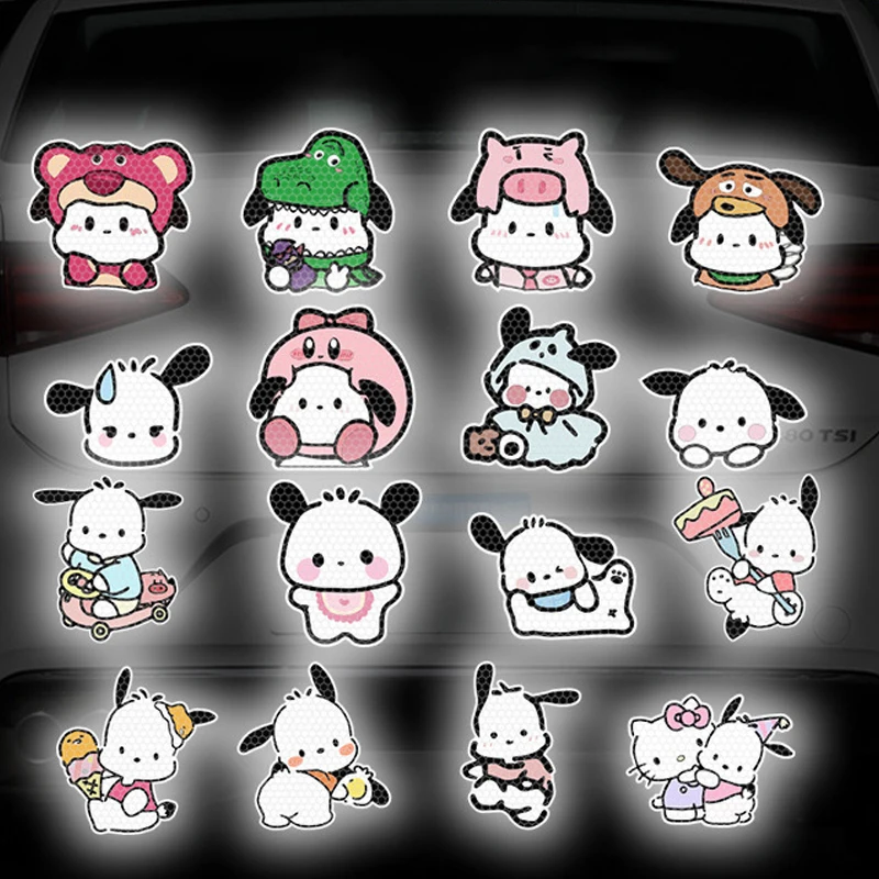 Color: Green - Anime Kuromi Hellokitty Car Sticker Reflective Warning Safety Tape Anti Collision Reflective Sticker Car Accessories