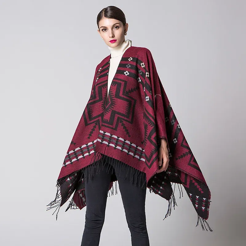 Color: Pink, Size: One Size - European American Popular Tassel Thickened Cashmere Like National Style Travel Fork Shawl Scarf in autumn Ponchos Capes P9