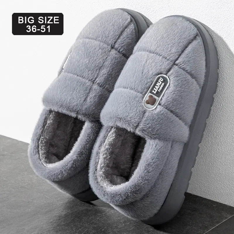 Color: WHITE, Shoe Size: 46-47 - Men's slippers Winter Solid Color Wrap Heels Plush Slippers Non-slip Warm Women Men Home Casual Cotton Shoes Big Size 50 51