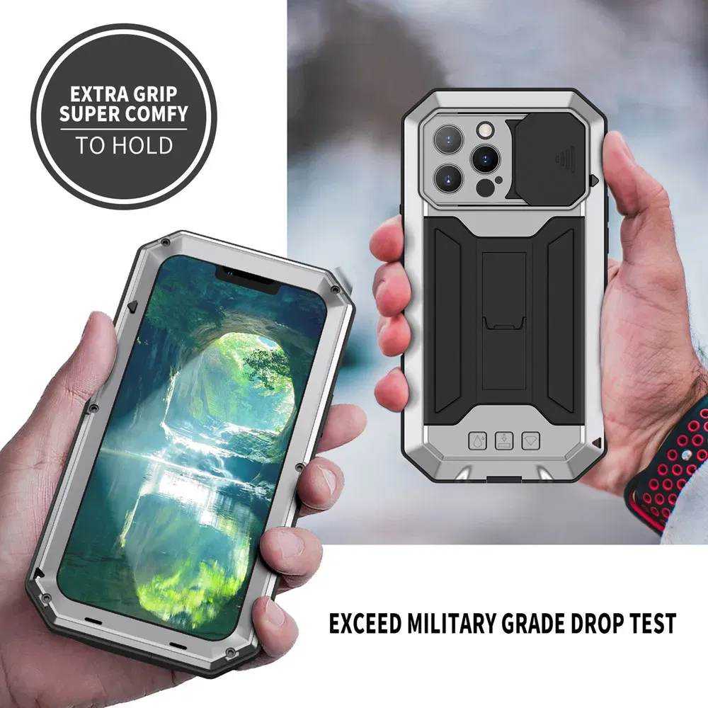 Color: Red, Material: Polyester - Heavy Duty Metal Aluminum Case For iPhone 14 13 15 Pro Max Military Grade Shockproof Bumpers Armor Kickstand Camera Slider Cases