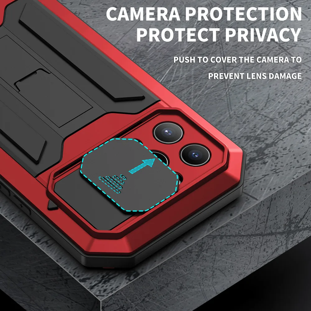 Color: Red, Material: Polyester - Heavy Duty Metal Aluminum Case For iPhone 14 13 15 Pro Max Military Grade Shockproof Bumpers Armor Kickstand Camera Slider Cases
