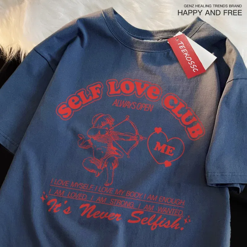 Color: army green, Size: XXL - Self Love Club Fun Cupid Men Women T Shirts Breathable Street Tee Clothes Cotton Summer Fashion Loose Casual Oversized T Shirt