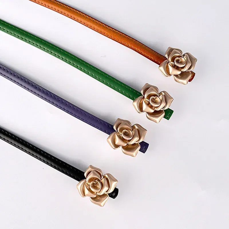 Color: Light purple, Belt Length: 105CM - 1.0cm New Unique Rose Genuine Leather Gold Belt Women Fashion Cowskin Flower Thin Belts Female Jeans Dress Waistband