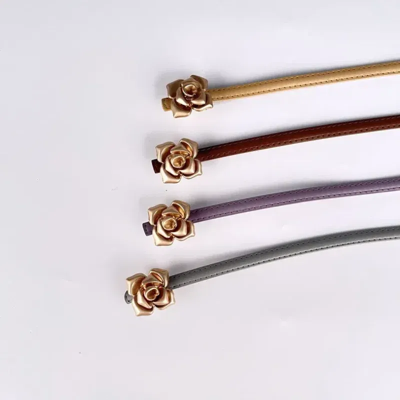 Color: Light purple, Belt Length: 105CM - 1.0cm New Unique Rose Genuine Leather Gold Belt Women Fashion Cowskin Flower Thin Belts Female Jeans Dress Waistband