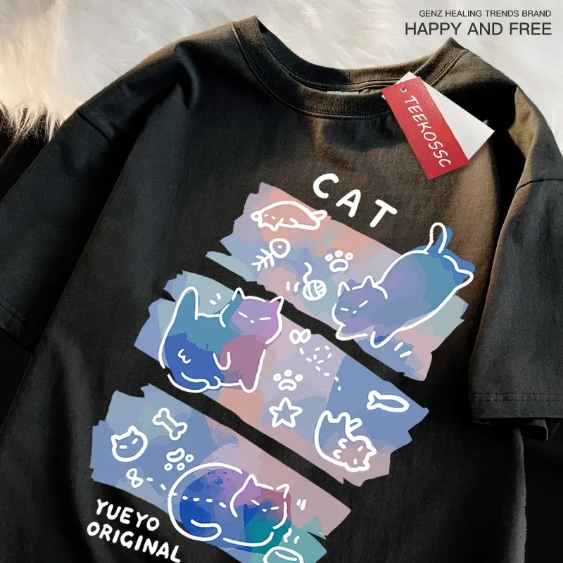 Color: Dark Grey, Size: M - Fun Mischievous Cat Print Japanese Style T-Shirts Men Women Fashion Tshirs Breathable Summer T-Shirts Cotton Loose Tee Clothes