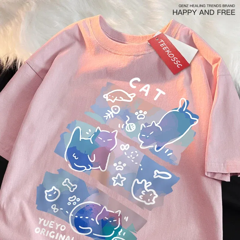 Color: Dark Grey, Size: M - Fun Mischievous Cat Print Japanese Style T-Shirts Men Women Fashion Tshirs Breathable Summer T-Shirts Cotton Loose Tee Clothes