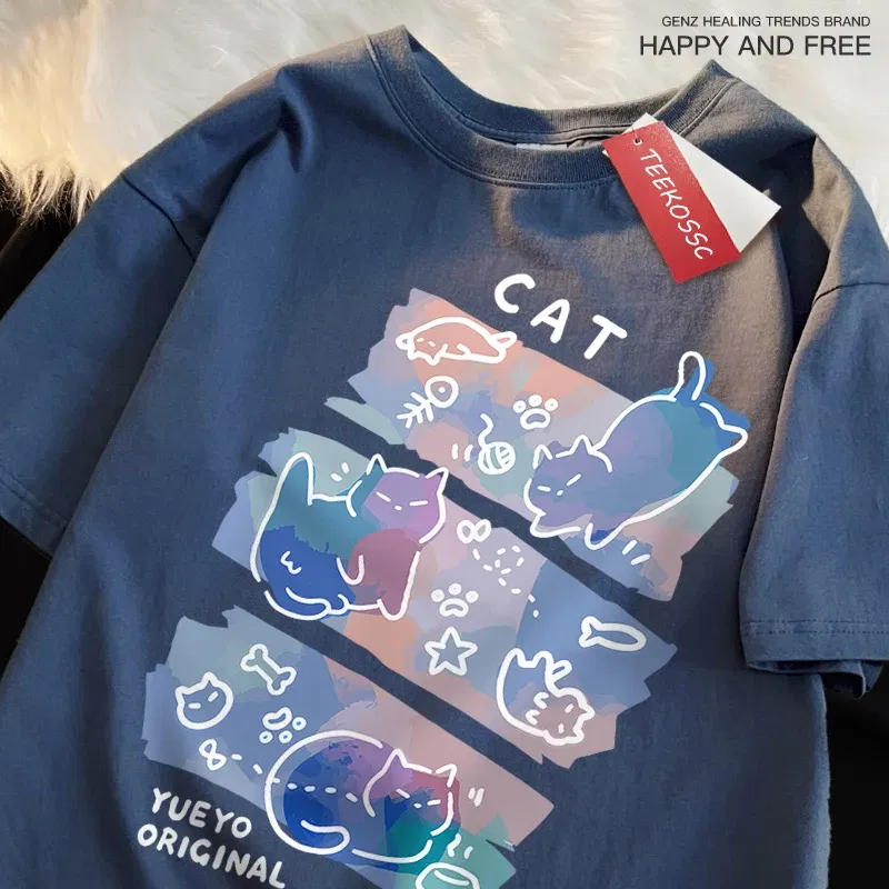 Color: Dark Grey, Size: M - Fun Mischievous Cat Print Japanese Style T-Shirts Men Women Fashion Tshirs Breathable Summer T-Shirts Cotton Loose Tee Clothes