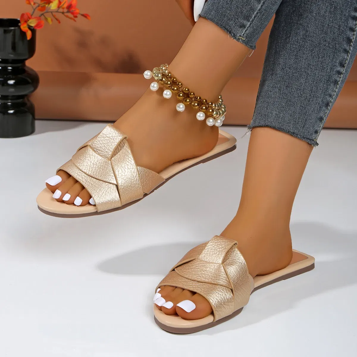 Color: Gold, Shoe Size: 38 - New Fashion Slippers Women Sexy Flat Sandals Casual Ladies Sand Beach Slippers Elegant Fish Mouth Slippers Women