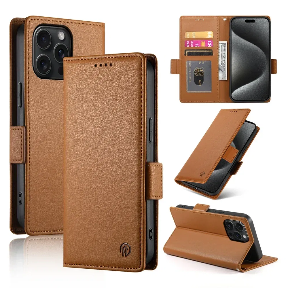 Color: Brown, Material: Wood - PU Leather Flip Phone Case For iPhone 16 15 Pro Max 16E 14 13 1211 XS Max XR X 8 7 Plus SE KickStand Cards Solt Wallet Cover