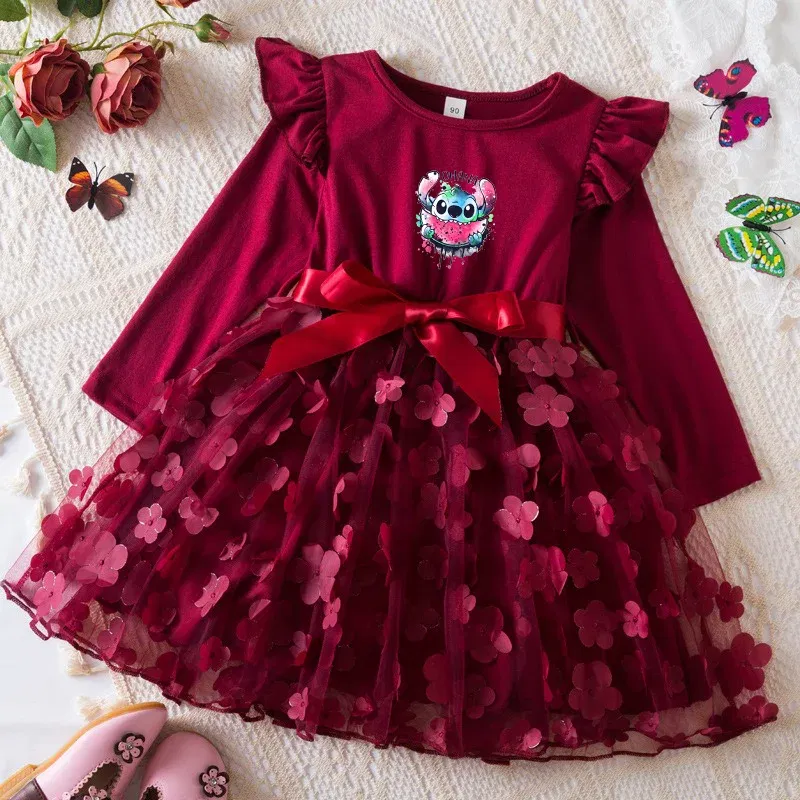 Color: Champagne, Size: One Size, Height: 164 - Lilo Stitch Girl Baby Dresses Spring Autumn Child Long Sleeve Sweet Princess Dress Mesh Newborn Casual Dress Birthday Party 2-6Y