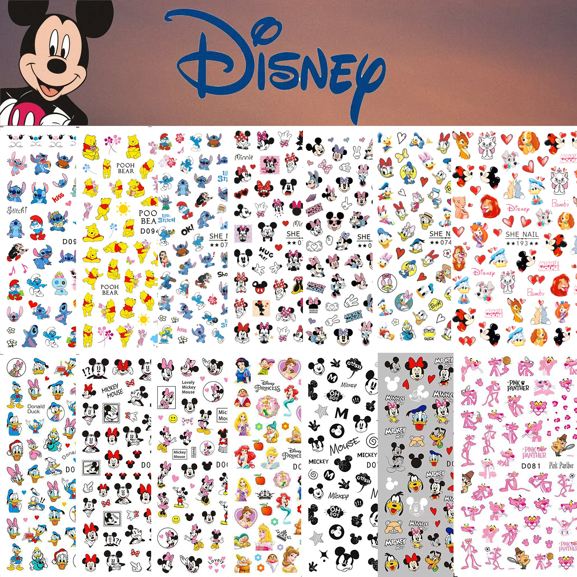 Color: Grad Pink - 1PCS Disney Cartoon Nail Stickers Wholesale Waterproof Paste Nail Art Sticker Princess Mickey Anime Series Nail Decoration