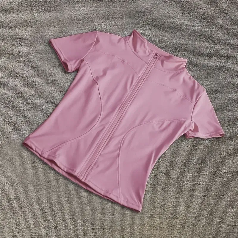 Color: Pink, Size: M - Summer High Quality Waist Slimming Training Tops Women's Quick-drying Tight Stand Collar Full Zipper Short Sleeves Yoga shirts