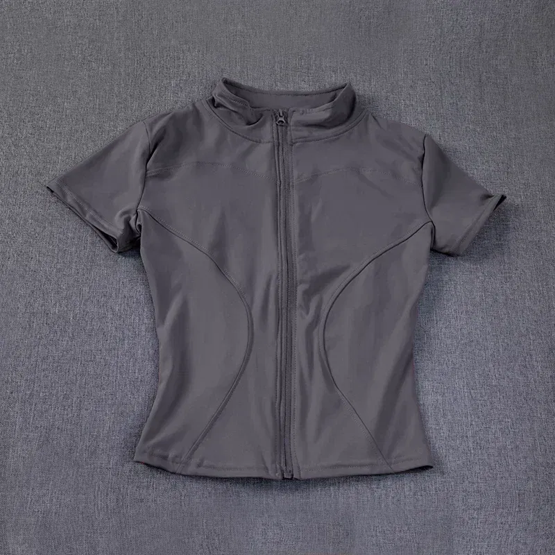 Color: Pink, Size: M - Summer High Quality Waist Slimming Training Tops Women's Quick-drying Tight Stand Collar Full Zipper Short Sleeves Yoga shirts