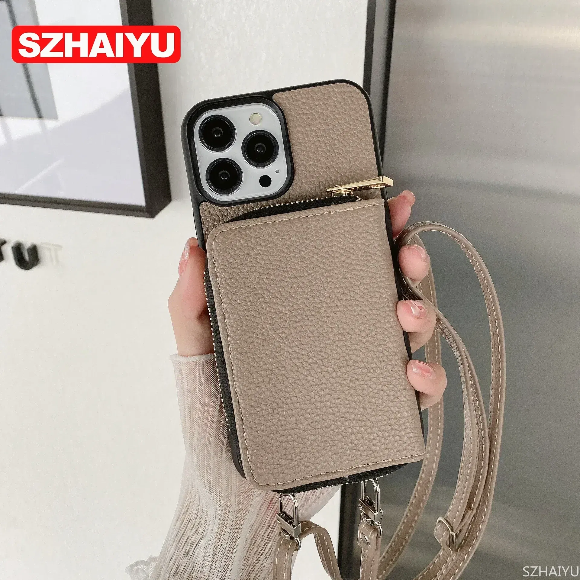 Material: Acrylic, Color: SKY BLUE - Zipper Wallet Phone Case For iPhone 16 15 14 13 12 Mini 11 Pro XS Max X Plus Card Slot Holder Crossbody Lanyard Leather Cover