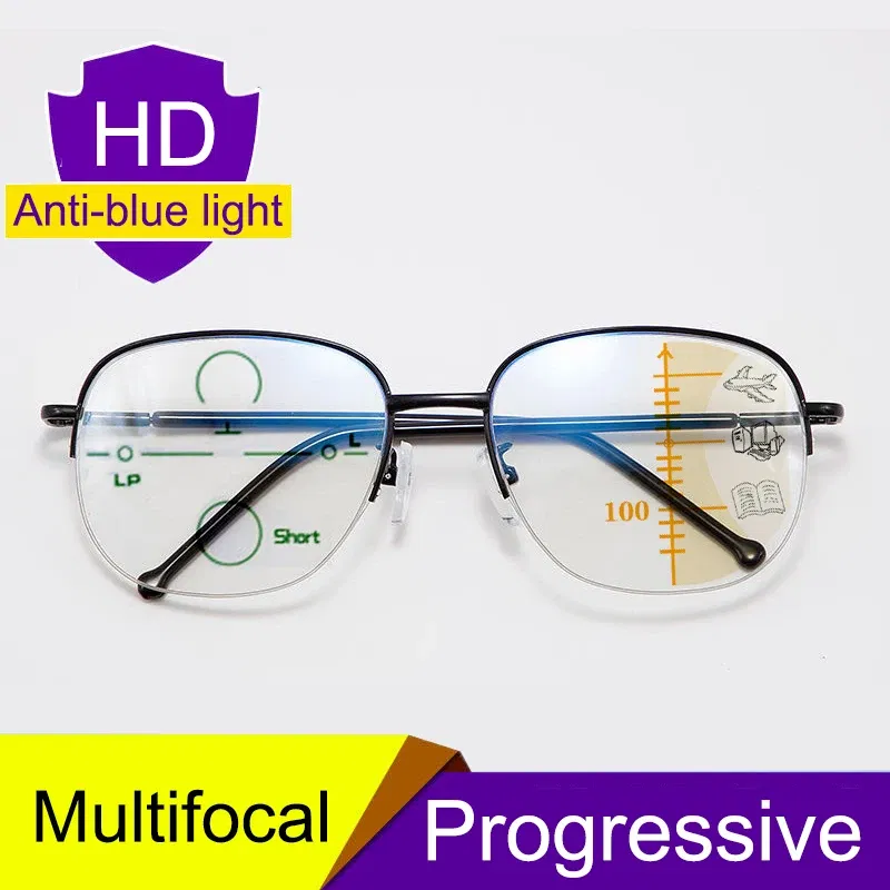 Frame Color: Gold, Eye Prescription: +400 - Smart zoom Multifocal Reading Glasses Men Women Progressive Anti Blue Ray UV Protect Hyperopia Glasses Half Frame Metal Titanium