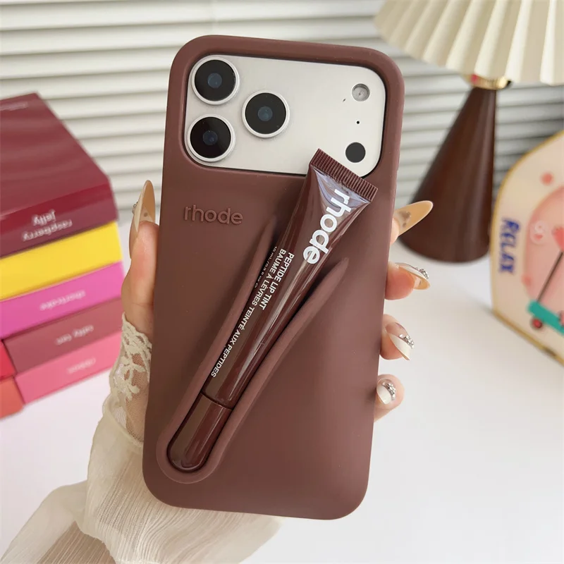 Material: Nylon, Color: black, Bundle: Bundle1 - With Lipstick Phone Case for iPhone 17 13 14 15 16 17 Pro Max Plus 12 17 Air Silicone Lip Gloss Holder Hot INS Soft Cover Funda
