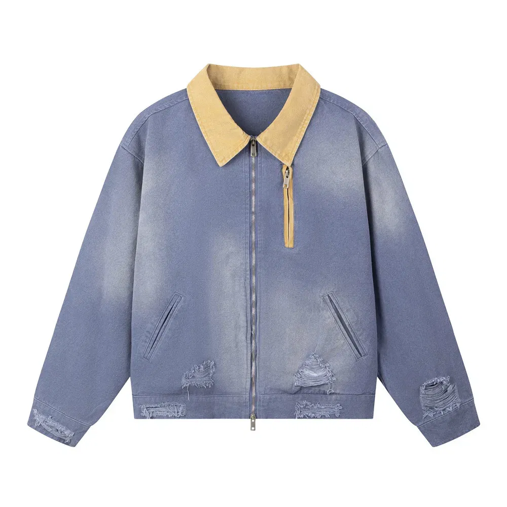Color: Blue, Size: XXL - Color Block Cargo Jacket Mens Ripped Spring Retro High Street Loose Lapel Long Sleeve Outerwear Men