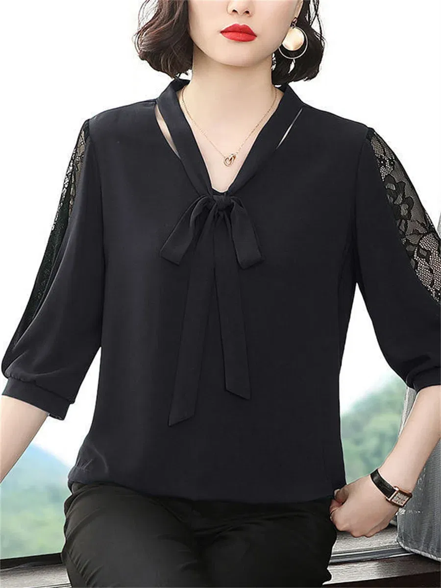 Color: green, Size: XL - Women Spring Summer Style Blouses Tops Lady Casual Bow Tie Colloar Half Lace Sleeve Loose Blusas Tops DF4275