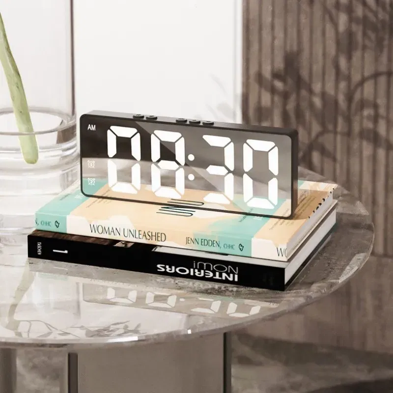 Color: WHITE - LED Alarm Clock Electronic Student Digital Clock Voice Control Dual Snooze 12/24H Dual Alarms Temperature Mute Table Clock