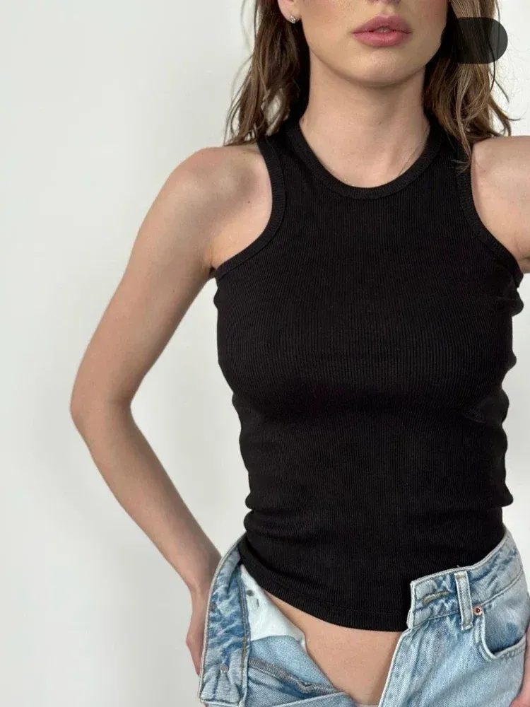 Color: Navy Blue?€ AE existing skus?‰, Size: M - Women's Tees Sleeveless 100% Cotton Tops Summer O Neck Tanks & Camis Vest Slim Solid Sexy Crop Tops for Women Fashion