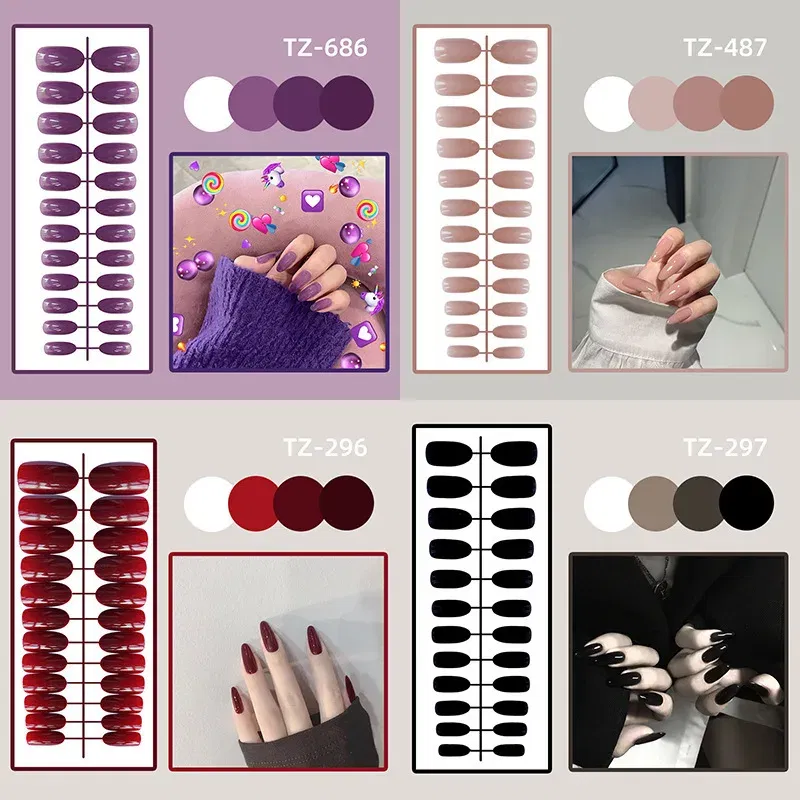 Color: PURPLE - 24Pcs/Set Long Round Head Bright Solid Color Press On Acrylic Nail Art Fake Nails Finished Wearing Manicure Reusable False Nails