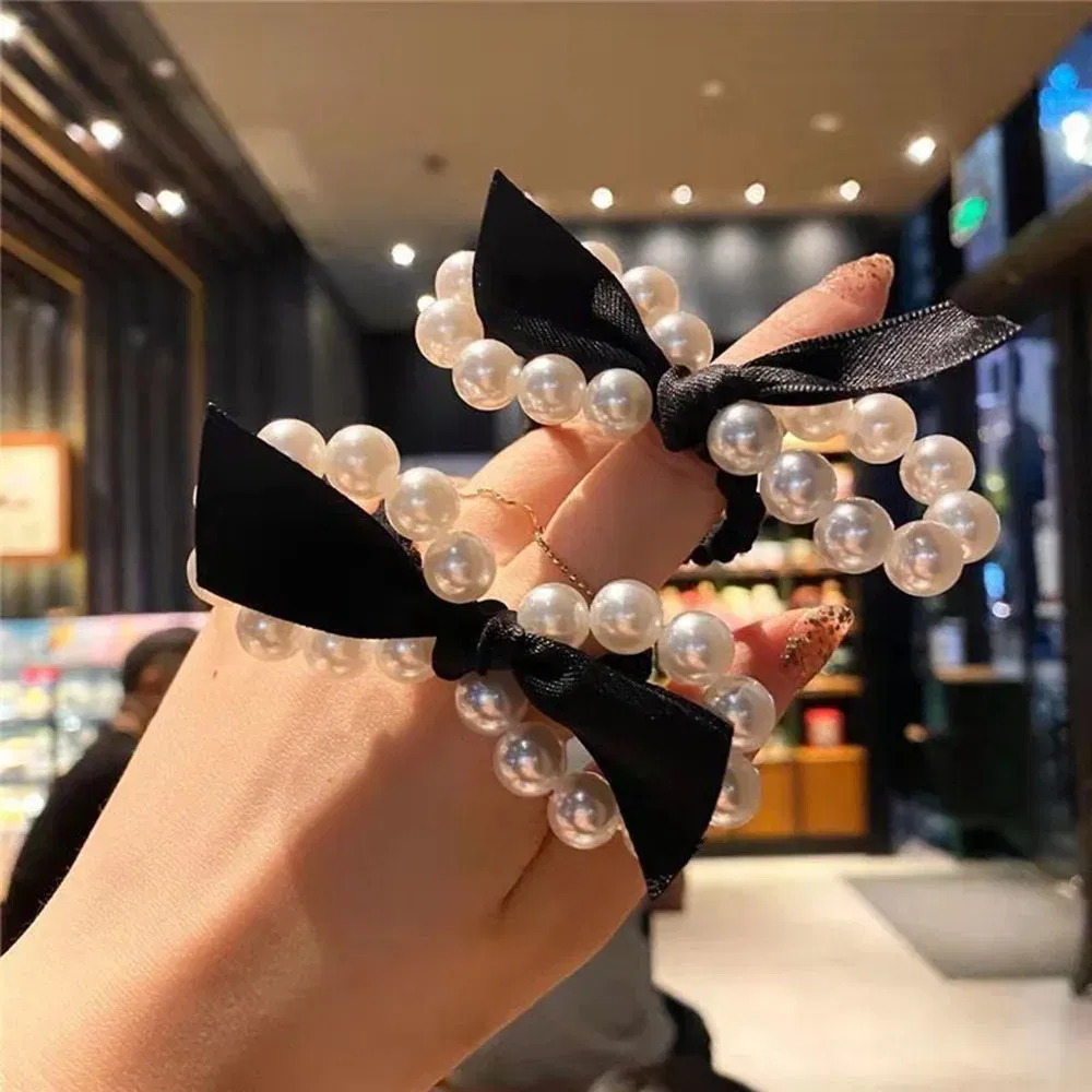 Color: Beige - 2022 Fashion Woman Big Pearl Hair Ties Korean Style Hairband Scrunchies Girls Ponytail Holders Rubber Band Hair Accessories