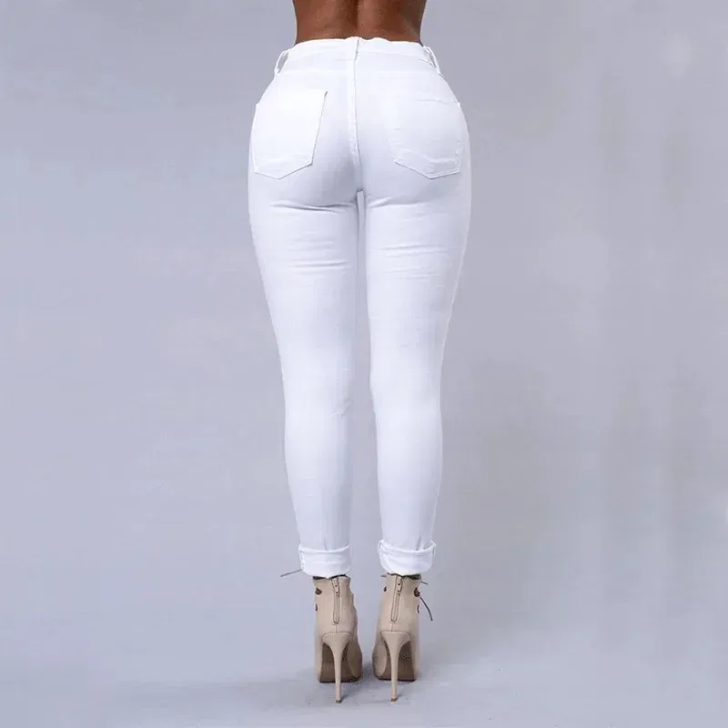 Color: WHITE, Size: M - Women's Ripped Tight Sexy Large Size Skinny Pants Jeans for Women