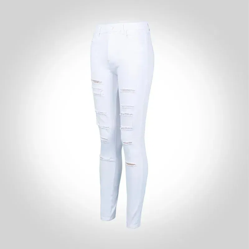 Color: WHITE, Size: M - Women's Ripped Tight Sexy Large Size Skinny Pants Jeans for Women