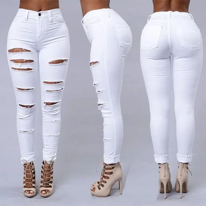 Color: WHITE, Size: M - Women's Ripped Tight Sexy Large Size Skinny Pants Jeans for Women