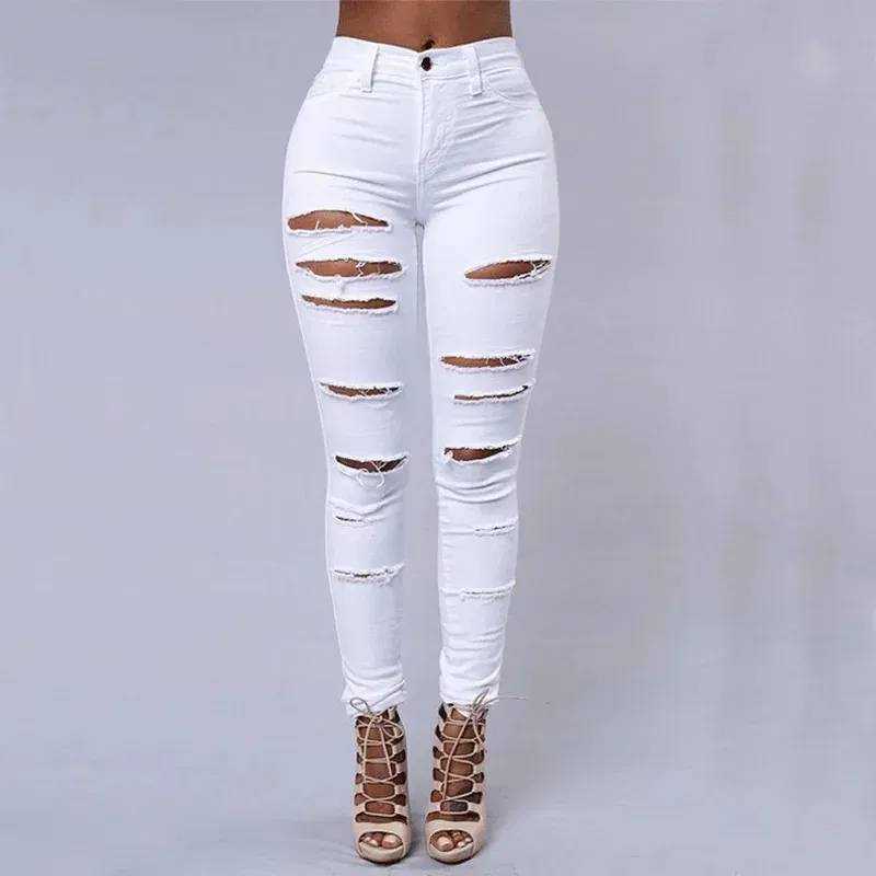 Color: WHITE, Size: M - Women's Ripped Tight Sexy Large Size Skinny Pants Jeans for Women