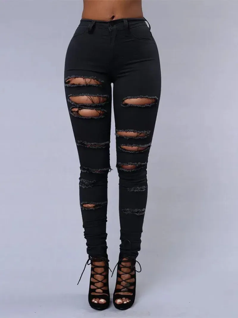Color: WHITE, Size: M - Women's Ripped Tight Sexy Large Size Skinny Pants Jeans for Women