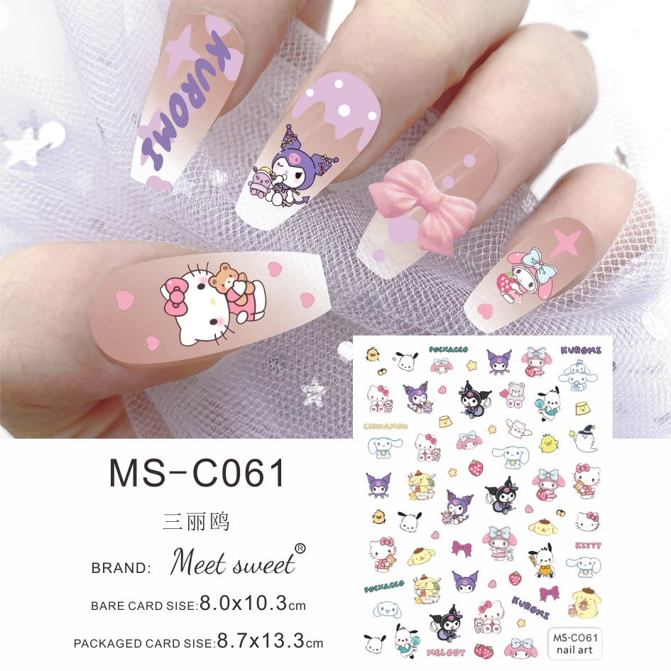 Color: Pink - 1PCS 3D Cute Chulomi Melody Hello Kitty Cartoon Stickers For Nails Nail Accessories Mickey Mouse Barbie Princess Nail Stickers
