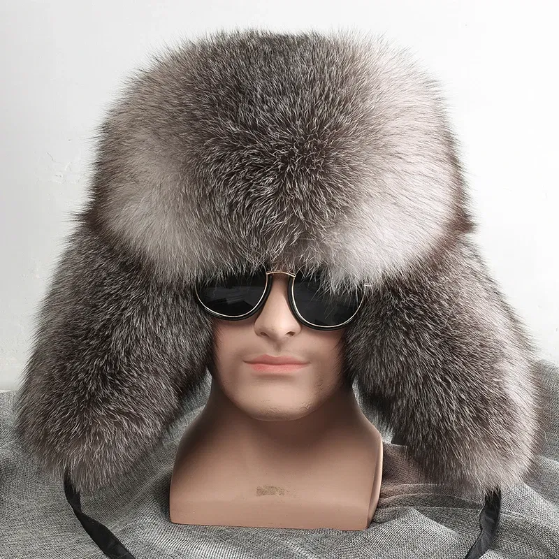 Color: Yellow, Hat Size: 57 - 2025 Winter 100% Real Silver Fox Fur Bomber Hat Raccoon Fur Ushanka Cap Trapper Russian Men's Ski Hats Caps