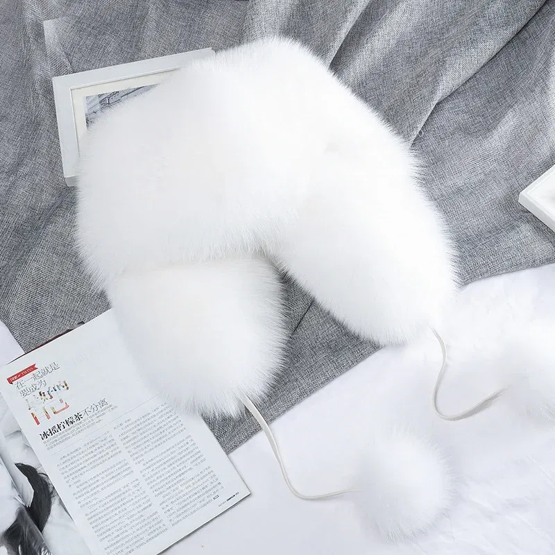 Color: Yellow, Hat Size: 57 - 2025 Winter 100% Real Silver Fox Fur Bomber Hat Raccoon Fur Ushanka Cap Trapper Russian Men's Ski Hats Caps