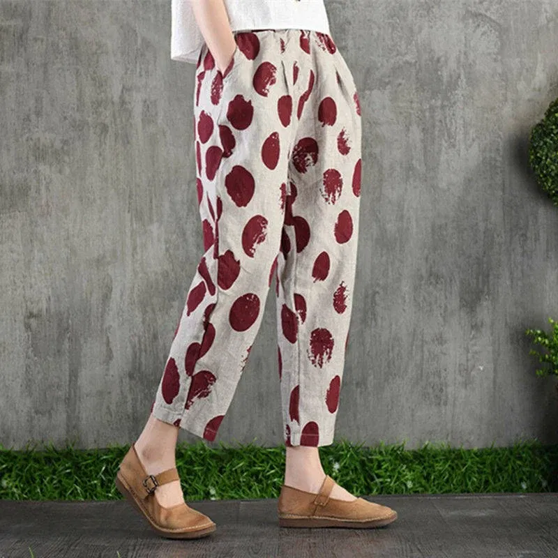 Color: Brown, Size: XXXL - Cotton and Linen Pants for Women Summer  Printing Harem Pants Female Mother Loose Retro Fashion Women's Ankle Length  Pants