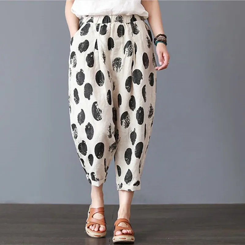 Color: Brown, Size: XXXL - Cotton and Linen Pants for Women Summer  Printing Harem Pants Female Mother Loose Retro Fashion Women's Ankle Length  Pants