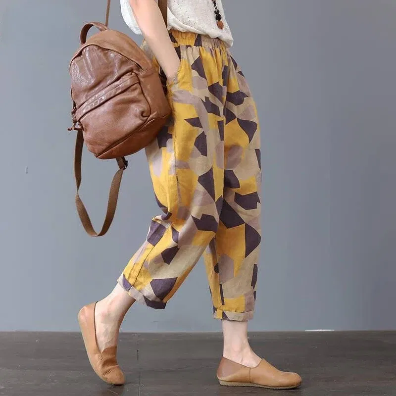 Color: Brown, Size: XXXL - Cotton and Linen Pants for Women Summer  Printing Harem Pants Female Mother Loose Retro Fashion Women's Ankle Length  Pants