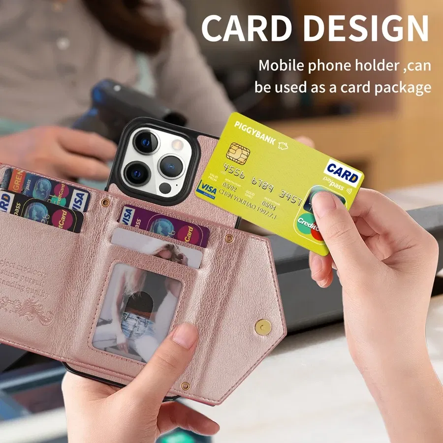 Material: PU, Color: Pink - Wallet Side Card Zipper Flip Crossbody Leather Case For iPhone 15 14 Pro Max 13 Mini 12 11 SE 2022 2020 X XS XR 8 7 6 6s Plus