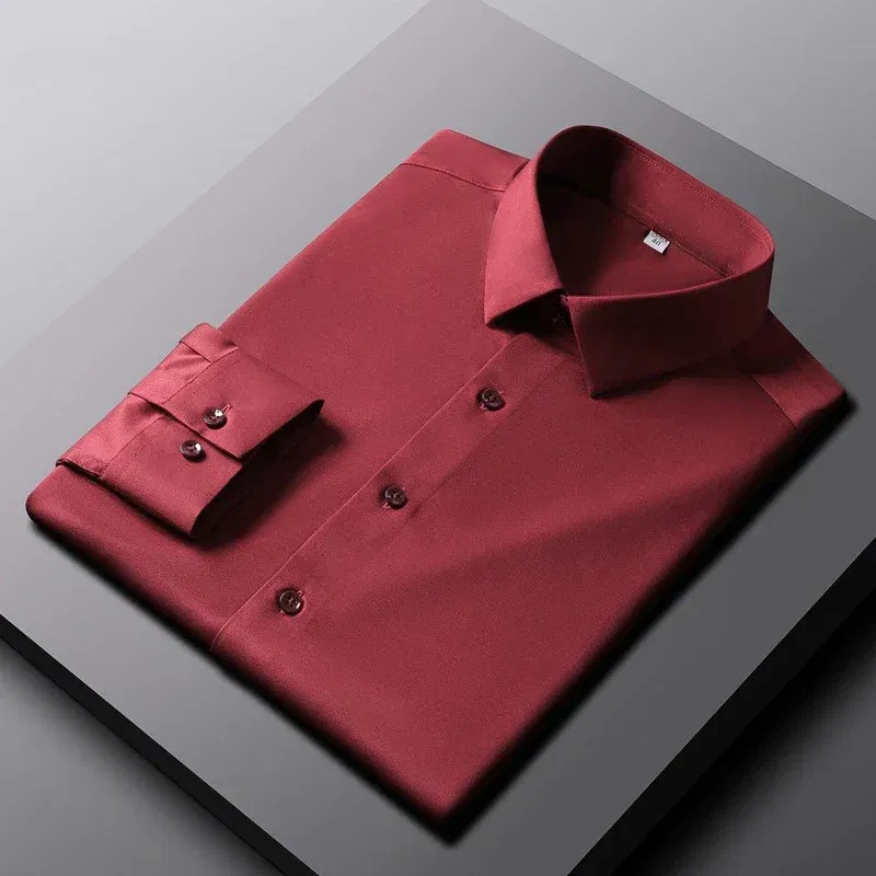Color: Red, Size: 4XL - Men's Casual and Fashionable Long Sleeved Solid Color Shirt Non Ironing and Wrinkle Resistant Business Top