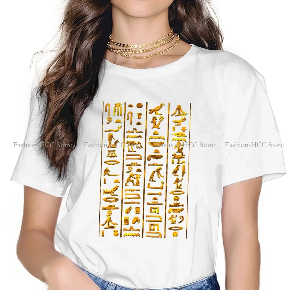 Color: WHITE, Size: XL - Ancient Egypt Culture Polyester TShirts Hieroglyphs Gold On Black Distinctive Women's T Shirt Funny Tops