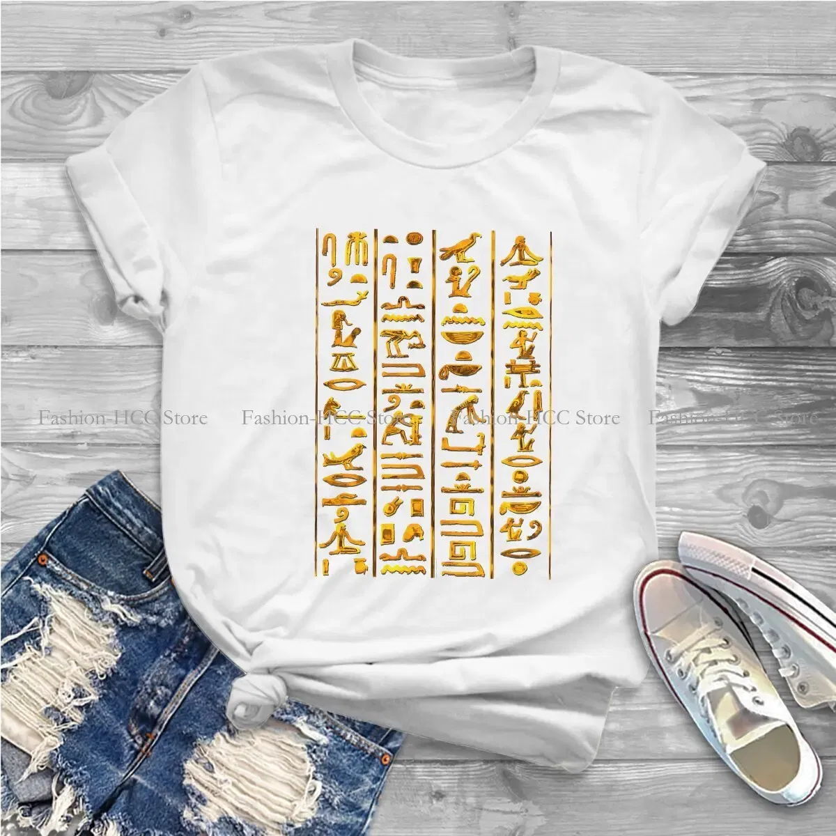 Color: WHITE, Size: XL - Ancient Egypt Culture Polyester TShirts Hieroglyphs Gold On Black Distinctive Women's T Shirt Funny Tops