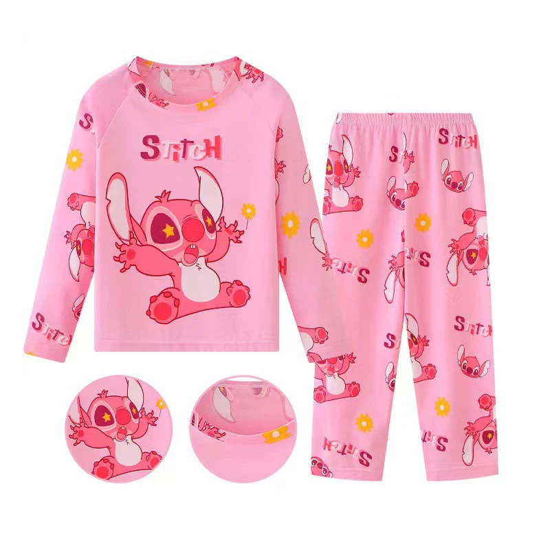 Color: Rose Red, Kid Size: 7 - 2pcs/set New Disney Stitch Children Pyjamas for Boys and Girls Sets Kid Minnie Home Wear Travel Casual Sleepwear Suit Cute Gift