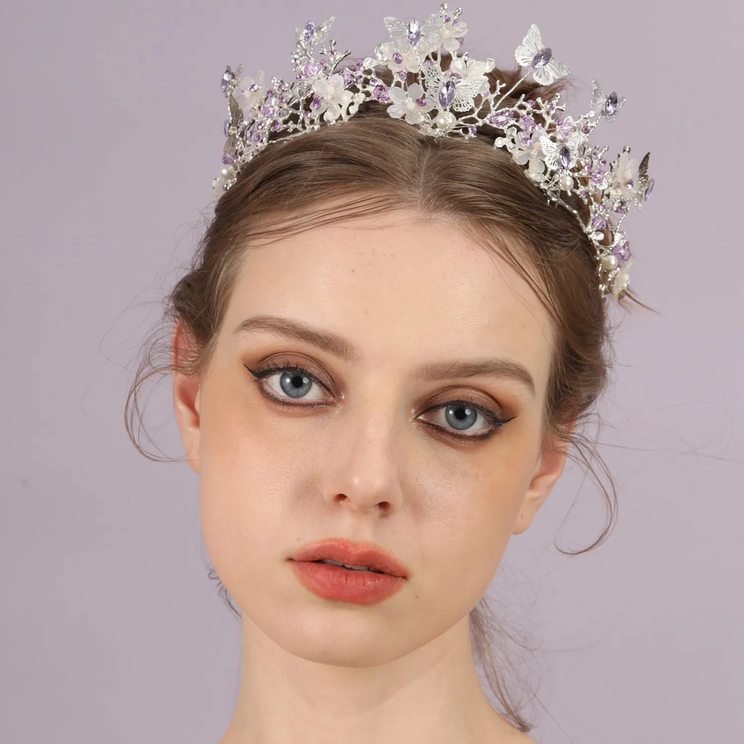 Baroque Silver Color Purple Crystal Butterfly Bridal Tiaras Crowns Headpiece Rhinestone Pageant Diadem Wedding Hair Accessories