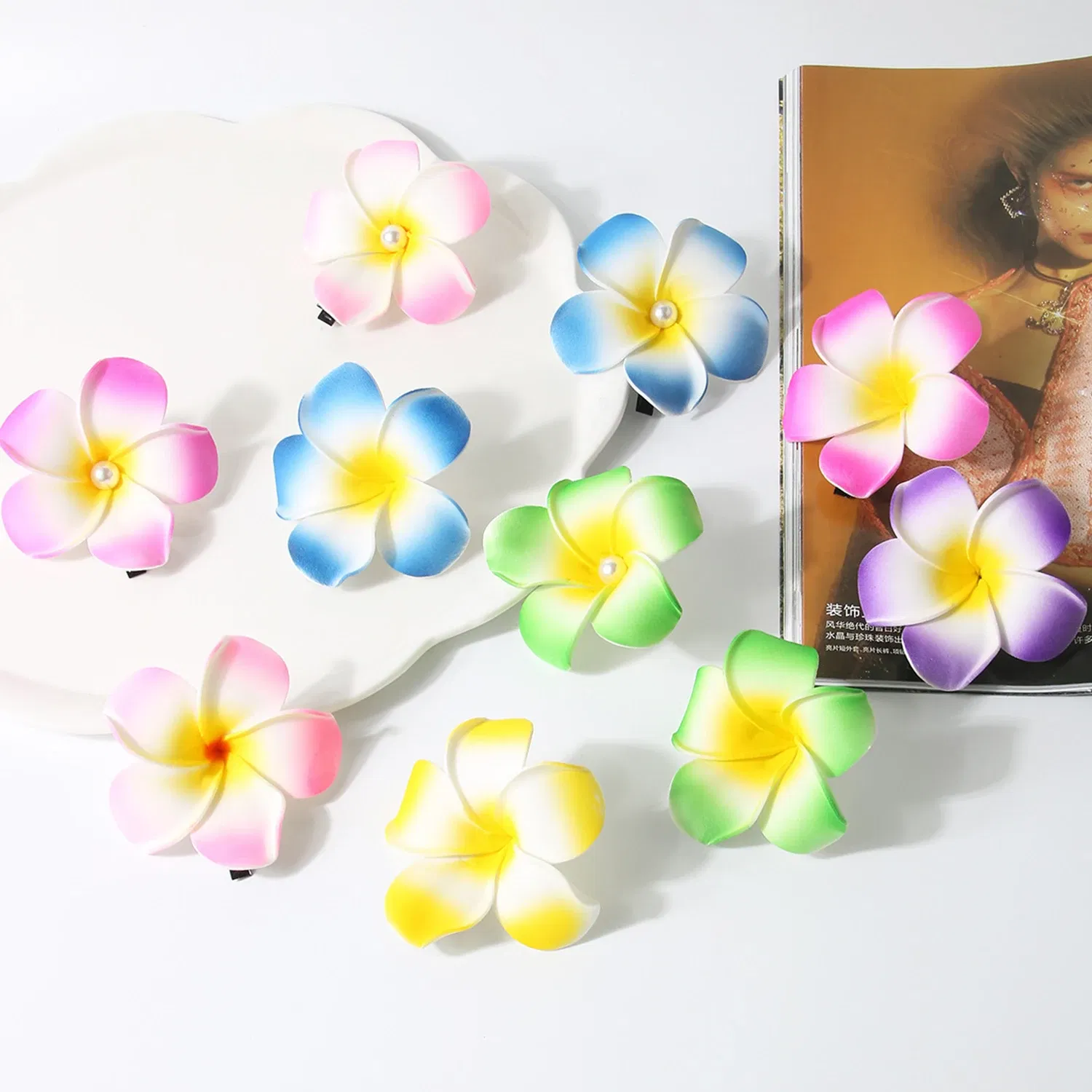 Color: Yellow - 5.5/7/8/9cm Plumeria Flower Hair Clips For Girls Women Hairpins Egg Flower Barrette Hawaiian Wedding Artificial Headwear